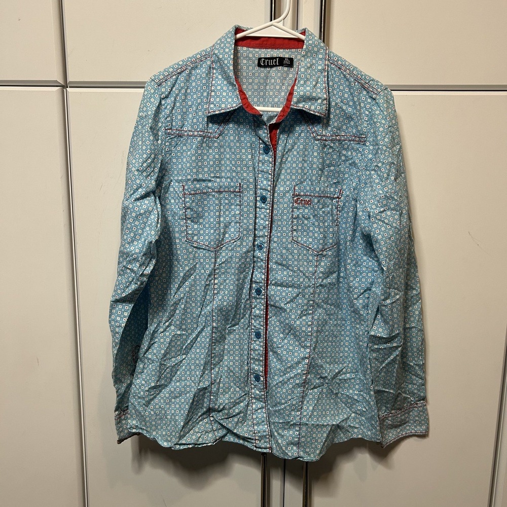 Cruel Girl Womens XL Western Button Down Shirt Blue Geometric Print Long Sleeve